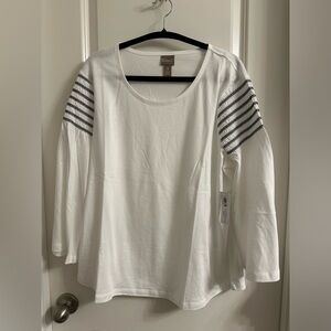 Chico’s Smocked Wide 3/4 Sleeve Top Size 3 Pullover Scoop Neck Color White